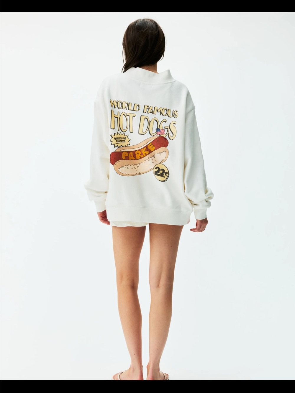 White 'World Famous Hot Dogs' Graphic Mockneck- L/XL Will be delivered 7/3/26